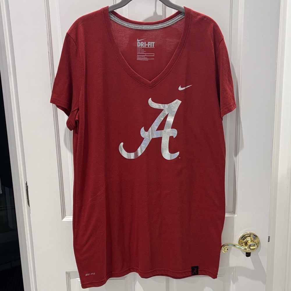 Nike Crimson Red V-Neck Tee with White 'A' Logo Loose fit size Large